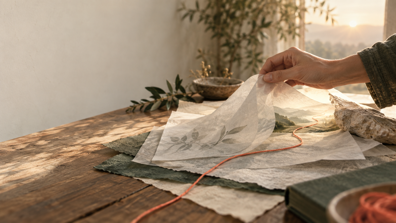 Una mano abre capas de papel y descubre un hilo que encuentra dirección hacia la luz.